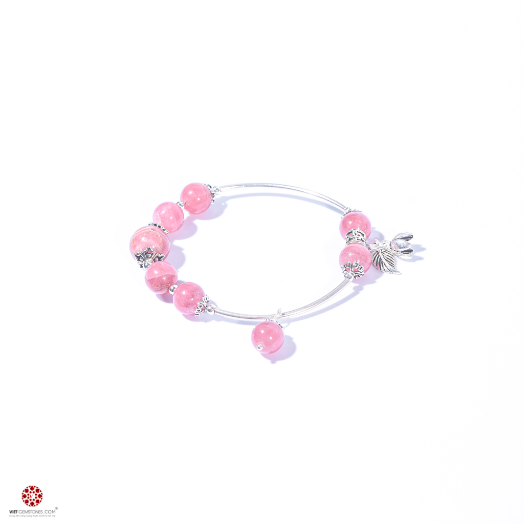 Lắc Tay Đá Đào Hoa phối charm bạc Thái cao cấp 92.5% - Hợp mệnh Hỏa, Thổ, giúp trợ duyên, chiêu tài | VietGemstones