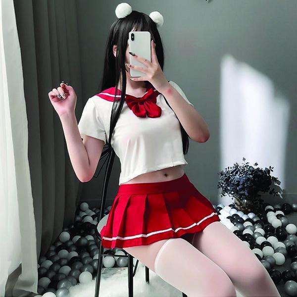 Đồ ngủ sexy cosplay nữ sinh cao cấp phối nơ đáng yêu váy xếp ly đồng phục học sinh đỏ đen gợi cảm BIKI HOUSE N767 - HCM