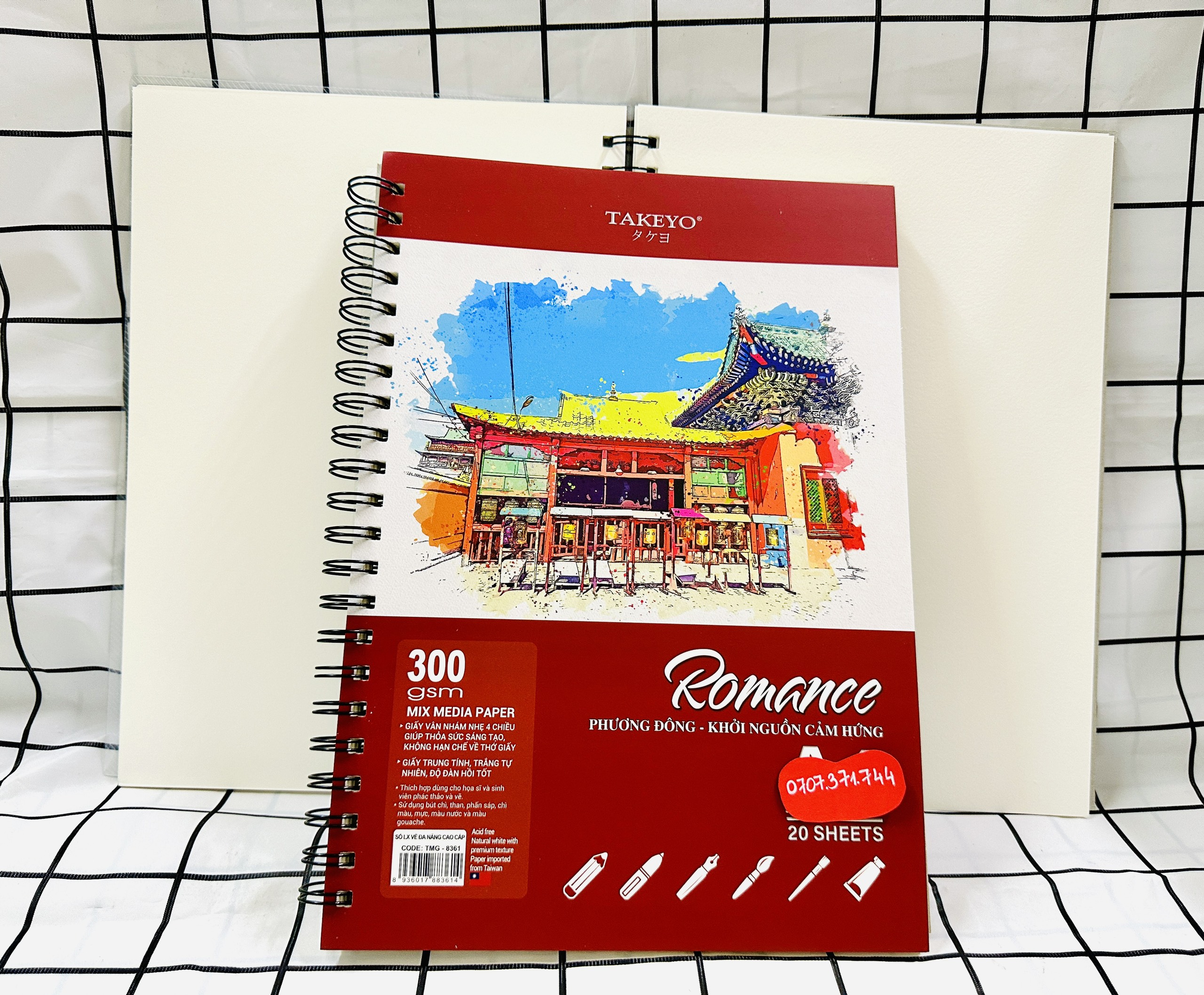 Sổ Vẽ Lò Xo Đa Năng Cao Cấp 20 Tờ Size A4-A5 Định Lượng Giấy 200GMS Và 300GMS Bìa Nhựa Chống Thấm Nước ROMACE TAKEYO, Sổ Vẽ Chuyên Dùng Cho Màu Nước