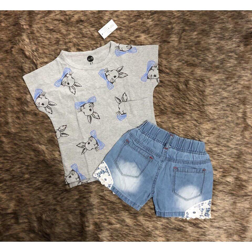 SÉT ÁO THUN THỎ PHỐI QUẦN SHORT JEAN ĐÍNH REN