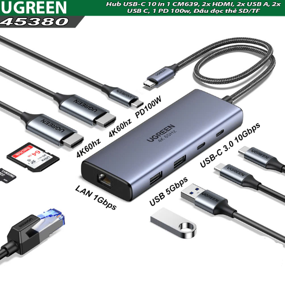 Hub USB-C 10 in 1 Ugreen 45380 CM639, 2x HDMI, 2x USB A, 2x USB C, 1 PD 100w +  Đầu đọc thẻ SD/TF - Hàng chính hãng