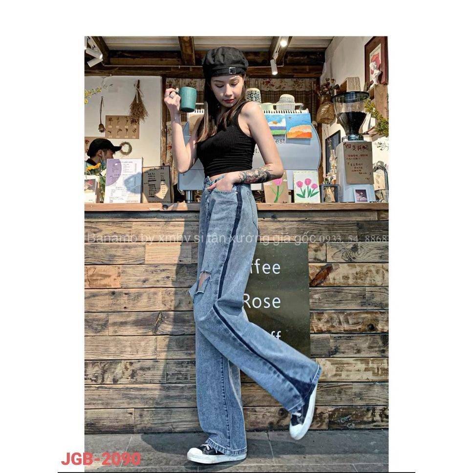 Quần JEANS nữ ống rộng lưng cao rách đùi cá tính thời trang Banamo Fashion 968