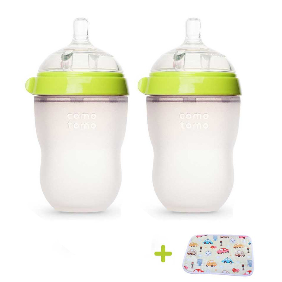 Bộ 2 bình sữa cho bé 250ml. Bình Sữa Silicone Comotomo chính hãng - Tặng kèm tấm lót chống thấm cho bé