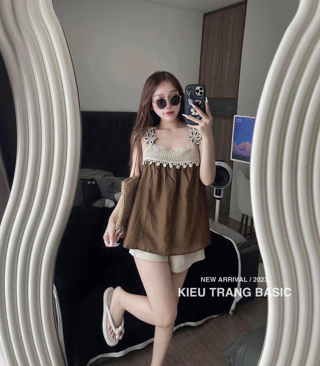 SET BỘ ĐI CHƠI, SET 2 MÓN ÁO BABYDOLL REN HOA 2S PHỐI QUẦN ĐÙI CỰC SANG - Brown