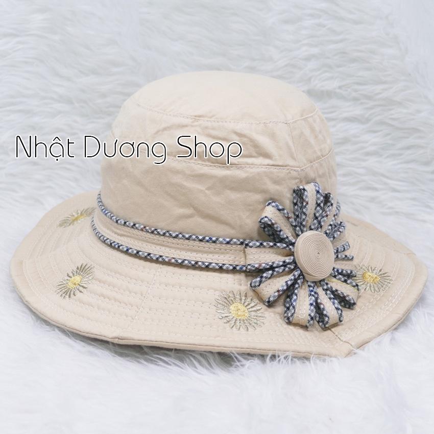 Nón Bo nữ Vành 7cm được gắn hoa tròn lớn kết hợp thêu hoa xung quanh vành nón- Chất liệu cotton cao cấp