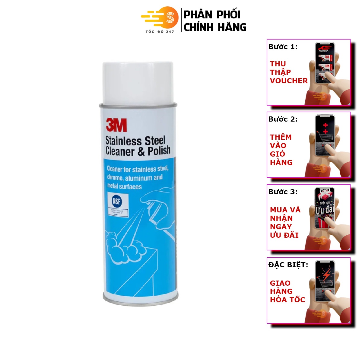 Chai tẩy sạch và đánh bóng inox 3M 3M-SSCP 600ml - tẩy sạch vết rỉ sét ở các vật liệu inox như xoong nồi, bếp gas, vòi rửa, kính, gạch,...