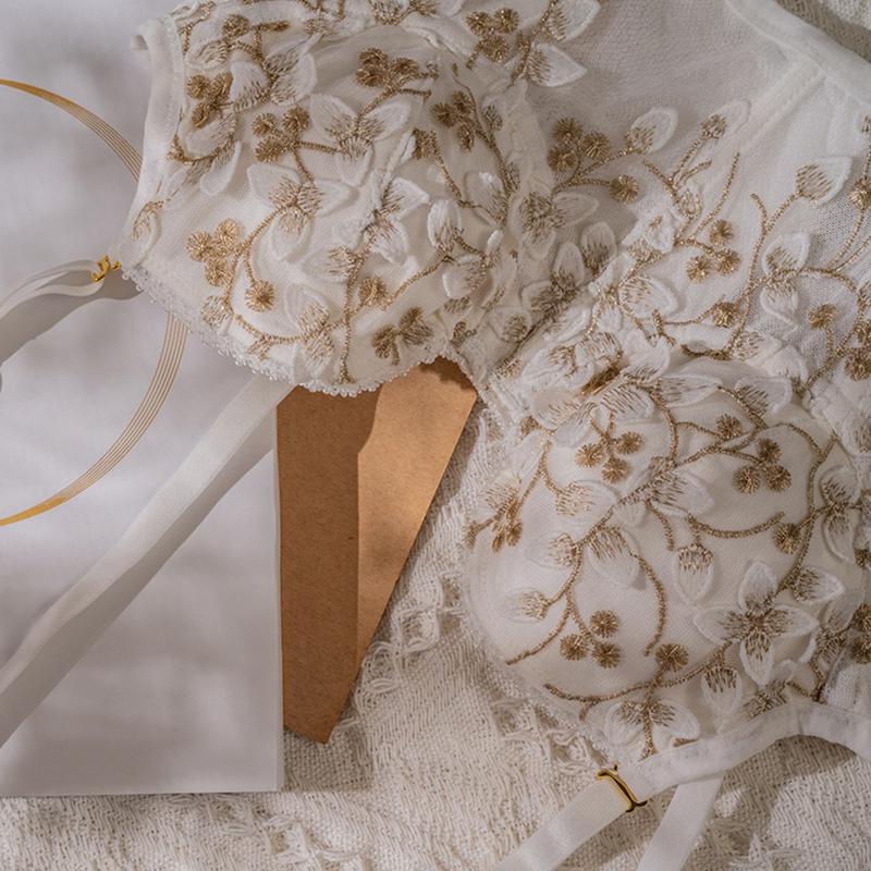 Áo Lót Nữ Thêu Hoa Áo Bralette Ren Mỏng Áo Ngực Và Quần Lót Bộ Sexy Màu Trắng Cổ Tích Rộng Ngực Điều Chỉnh Quần Lót