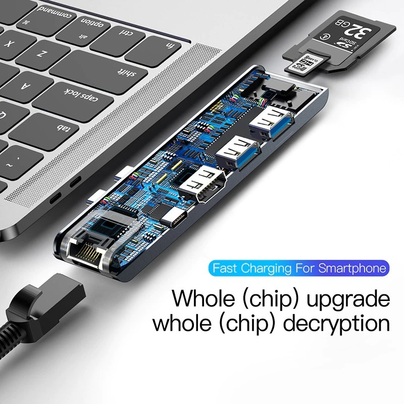 Bộ HUB chia cổng sạc 7 in 1 hiệu Baseus Thunderbolt Dual Type-C cho Macbook Pro mở rộng cổng sạc nhanh, 2 cổng USB 3.0, PD, SD, Micro SD, HDMI, Cổng mạng LAN - Hàng chính hãng
