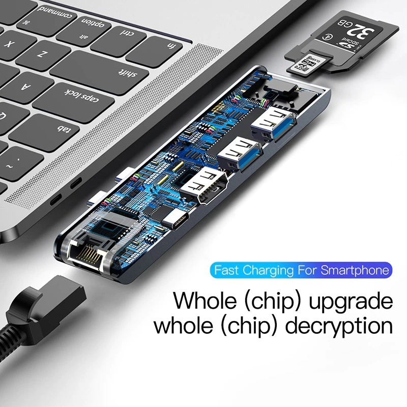 Bộ HUB chia cổng sạc 7 in 1 hiệu Baseus Thunderbolt Dual Type-C cho Macbook Pro mở rộng cổng sạc nhanh, 2 cổng USB 3.0, PD, SD, Micro SD, HDMI, Cổng mạng LAN - Hàng chính hãng