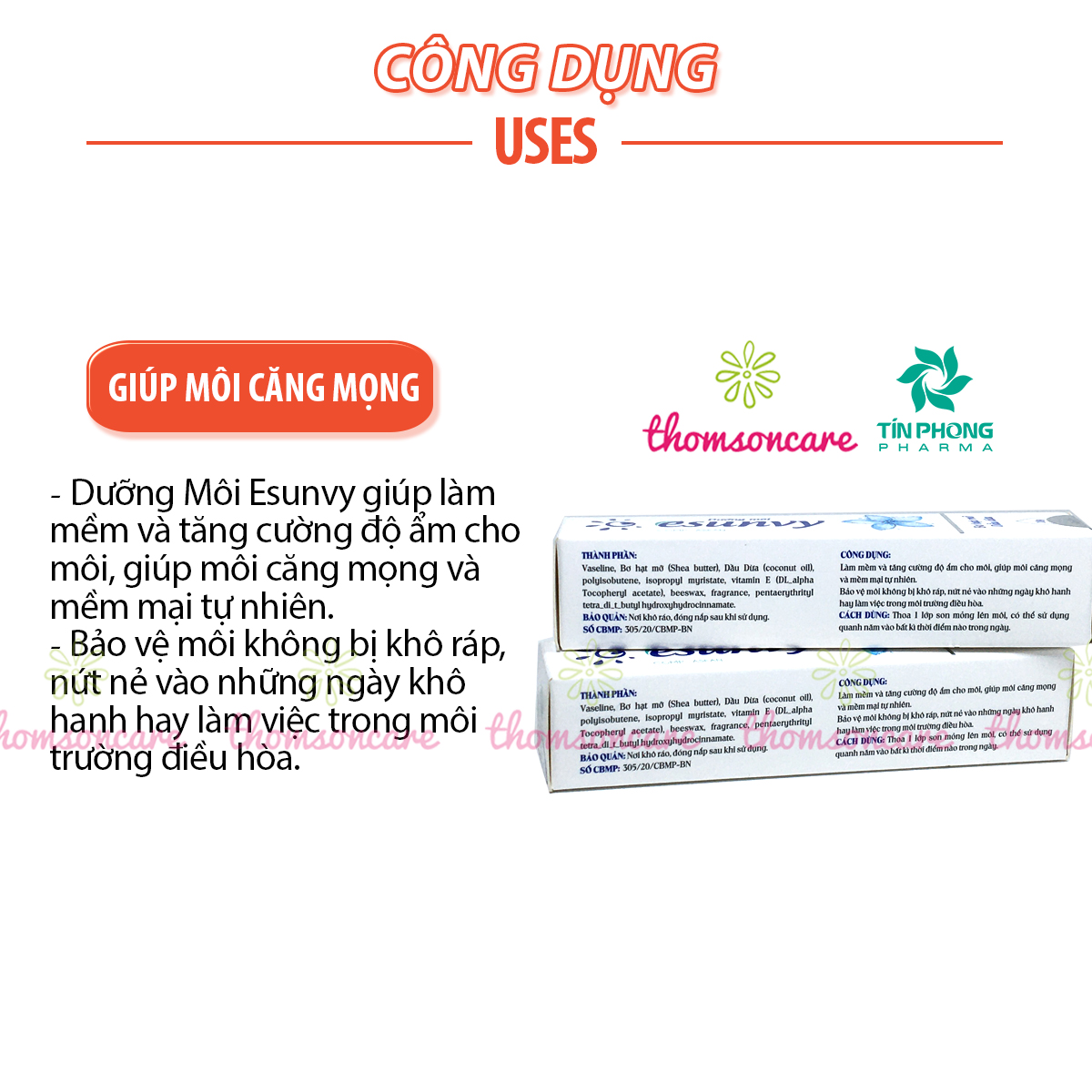 Kem dưỡng môi Esunvy từ thảo dược - Duy trì độ ẩm, Giảm khô, nẻ môii với vaseline, dầu dừa, sáp ong và vitamin E