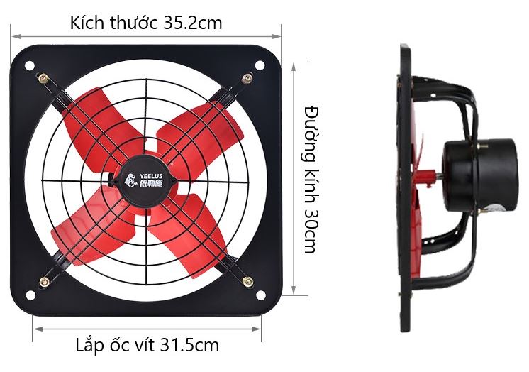 Quạt hút thông gió cánh kim loại (35*35, 220V, 80W, 1080m3/h) Quạt hút 1 chiều, gắn cửa sổ phòng bếp