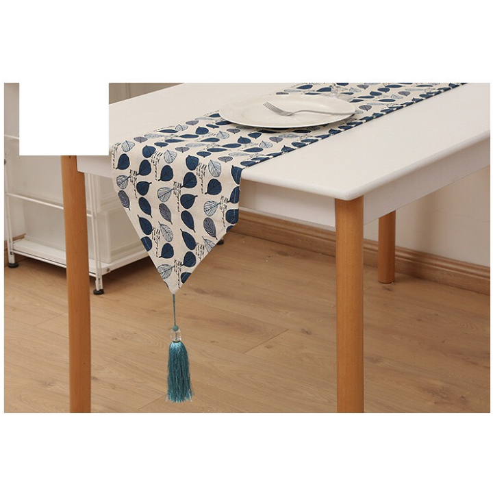 Khăn trải bàn table runner vải bố - Lá Bodhi xanh tím - mẫu E05