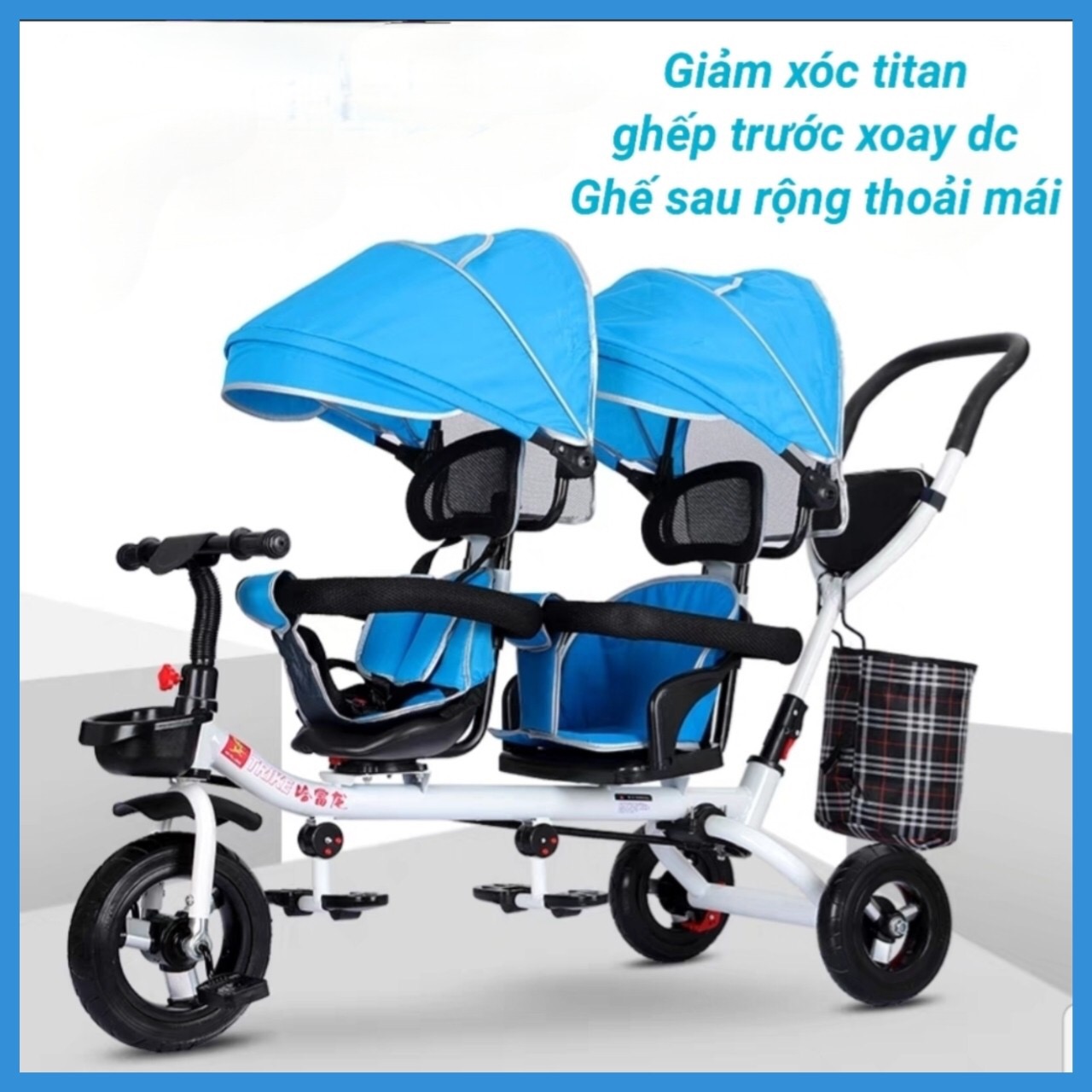 Xe đẩy đôi cho bé(Hàng Cao Cấp) bánh cao su, ghế xoay 360 độ