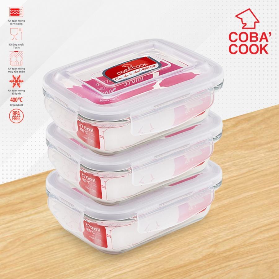 Bộ túi hộp đựng cơm thủy tinh chịu nhiệt COBA'COOK 3 hộp chữ nhật 370ml và 1 túi giữ nhiệt -CCL33BS