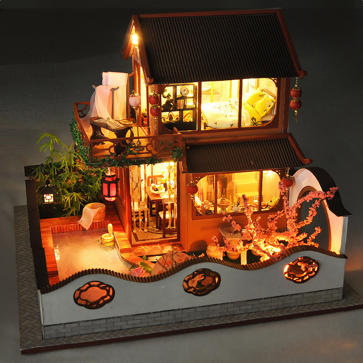 Mô hình nhà DIY Doll House Ancient Style Paradise Kèm Hộp nhạc và Mica Chống bụi