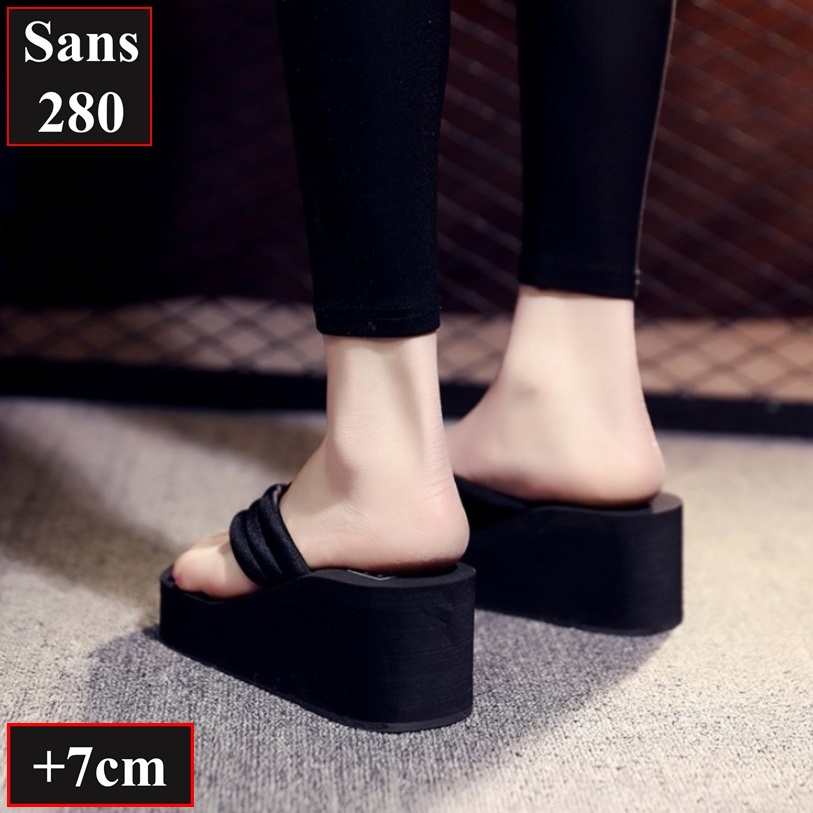 Dép xỏ ngón nữ đế cao 7cm 9cm 11cm Sans280 bánh mì xuồng tông tăng 7p 9p 11p đen trơn êm chân không dốc basic