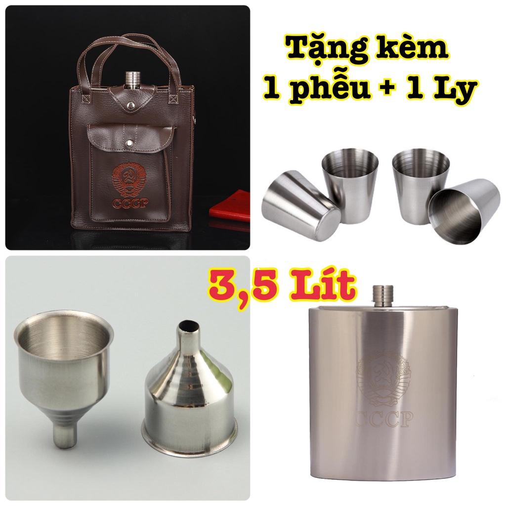 Bình đựng nước 3,5 Lit Inox 304 cccp kèm bao da như hình, hàng dày 0,6mm có tặng 1 LY+ 1 PHỄU- 128 Xách Tay