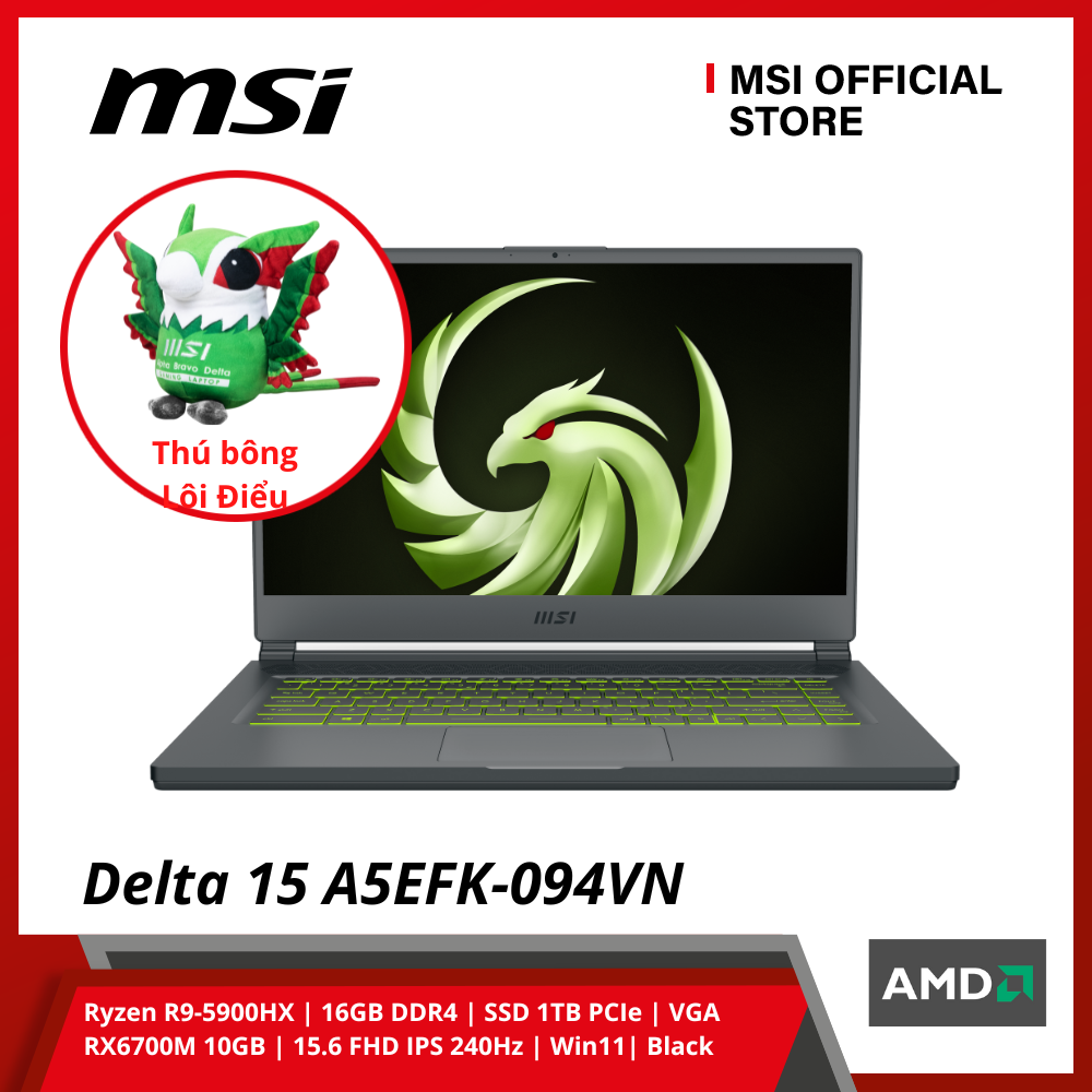 Laptop MSI Delta 15 A5EFK-094VN (Ryzen R9-5900HX | 16GB DDR4 | SSD 1TB PCIe | VGA RX6700M 10GB | 15.6 FHD IPS 240Hz | Win11| Black) - Hàng Chính Hãng