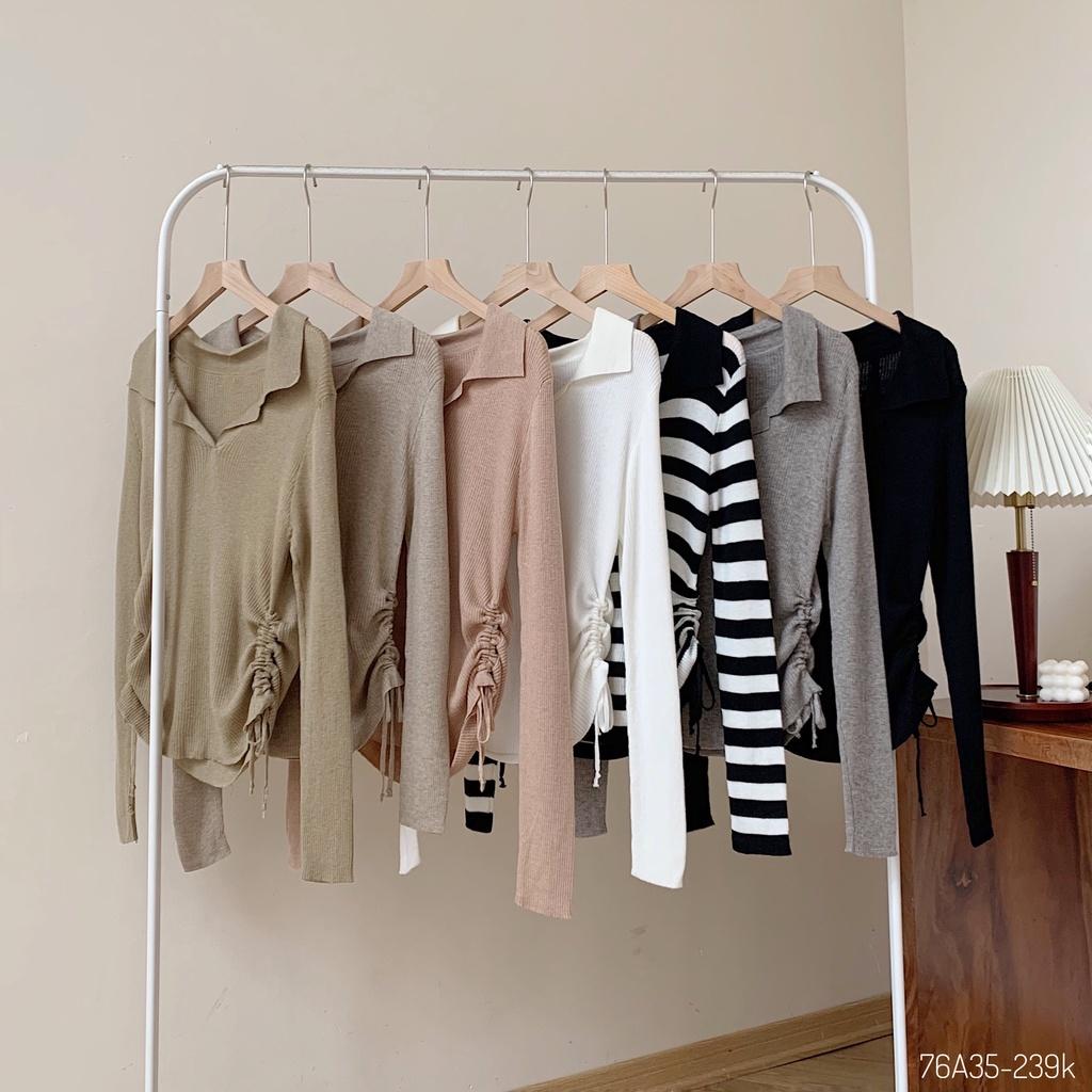 Áo len cổ bẻ dài tay rút dây cạnh 1 màu + kẻ ngang 76a35 by germe