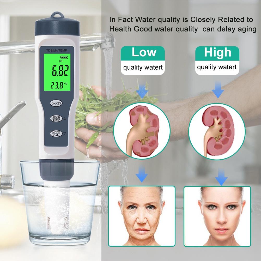Máy Đo độ sạch 3 Trong 1, Đo độ PH nước và độ TDS nhiệt độ Hồ cá, Nước Uống, thủy canh, thủy sinh