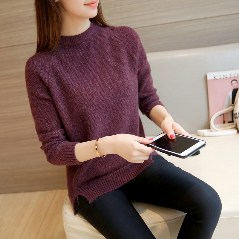 Áo len nữ trơn cổ tròn xẻ tà vải len dày mịn mặc ấm HB03