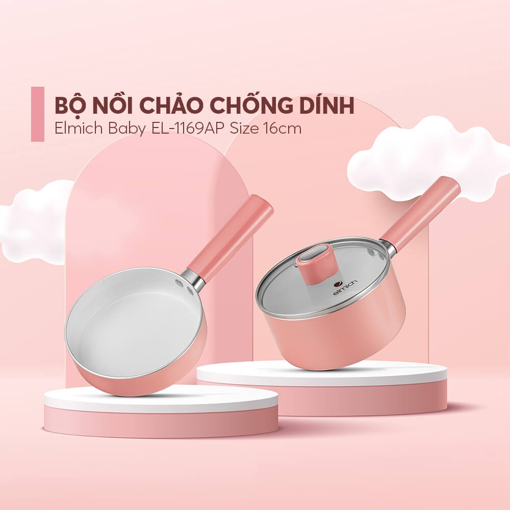 Bộ nồi chảo chống dính 16cm Elmich baby EL-1169AP, Hàng chính hãng, Dùng được nhiều loại bếp - JoyMall