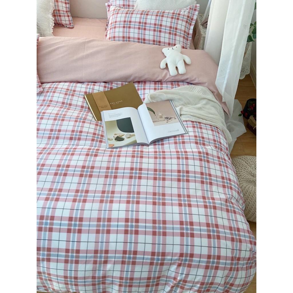 Bộ chăn ga Cotton Poly M2T bedding chăn ga Hàn Quốc họa tiết kẻ đỏ kép đủ size miễn phí bo chun
