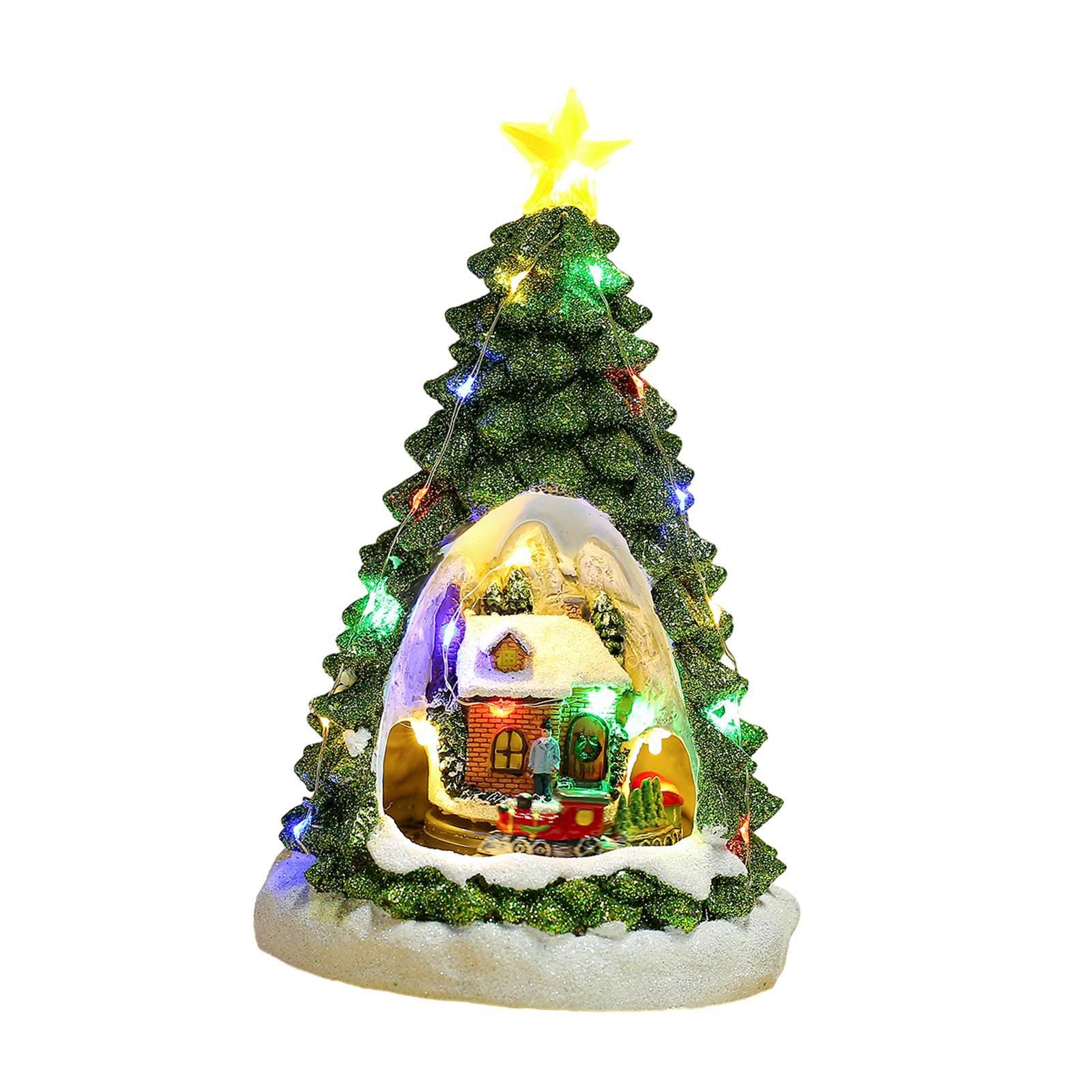 Christmas Tree Glowing House Holiday House Xmas Music Ornament Rotating Train Figurine Statue for Home Living Room Decoration