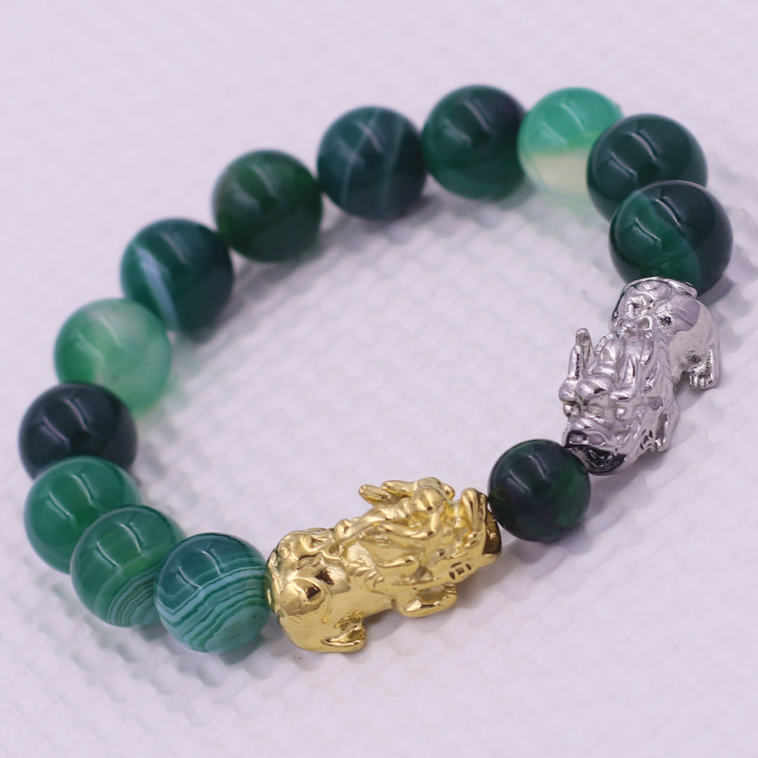 Vòng chuỗi đeo tay mã não xanh lá sọc 12 ly charm tỳ hưu đôi inox trắng và vàng, vòng chuỗi phong thủy, charm tỳ hưu, vòng tay hạt chuỗi
