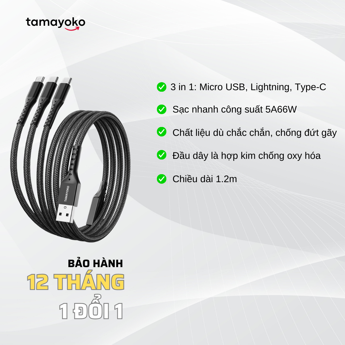 Cáp Sạc Nhanh 5A 66W 3 Trong 1 Chiều Dài 1,2m Dây Bọc Dù Siêu Bền Chống Đứt Gãy - Hàng Chính Hãng Tamayoko