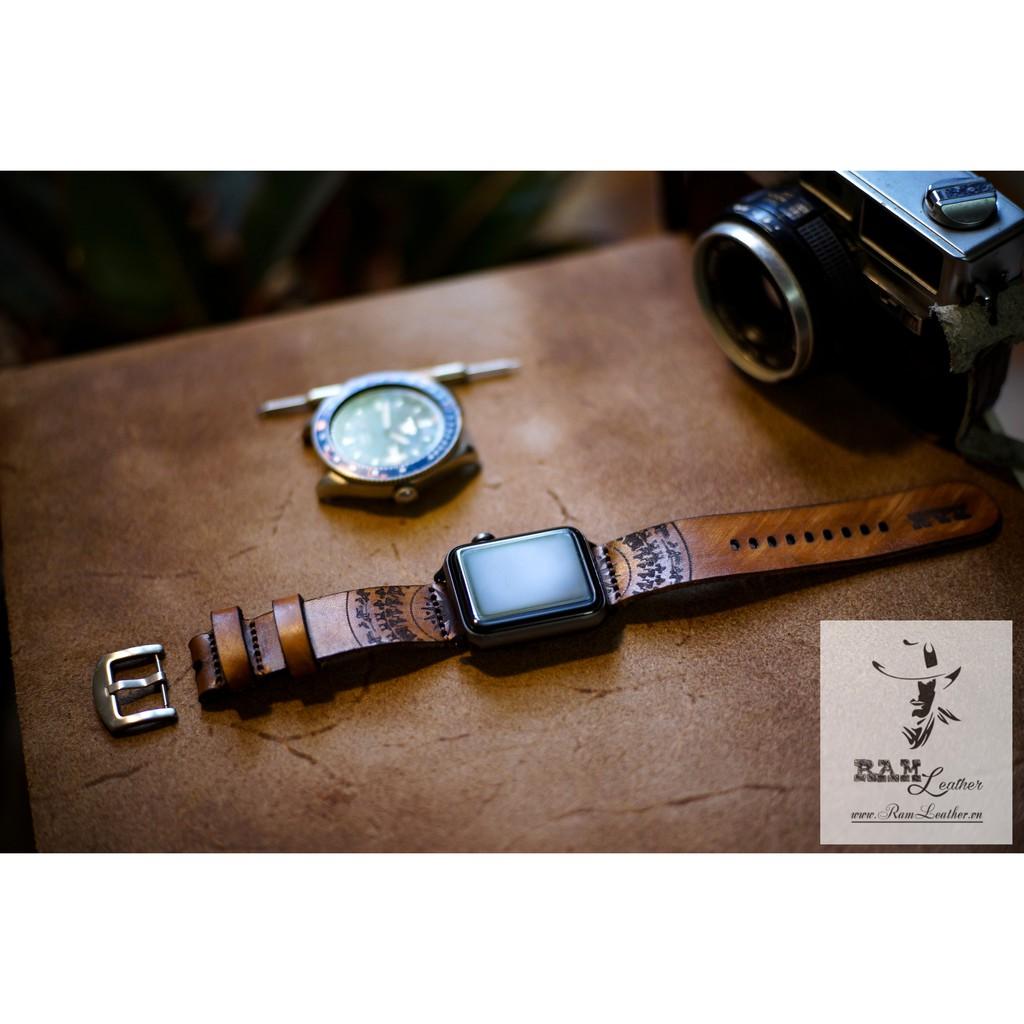 DÂY ĐỒNG HỒ RAM SIMPLE TRỐNG ĐỒNG DA BÒ THẬT VEGTANLIGHT SỌC CHÉO-ĐỦ SIZE 18MM , 20MM , 22MM ,APPLE WATCH