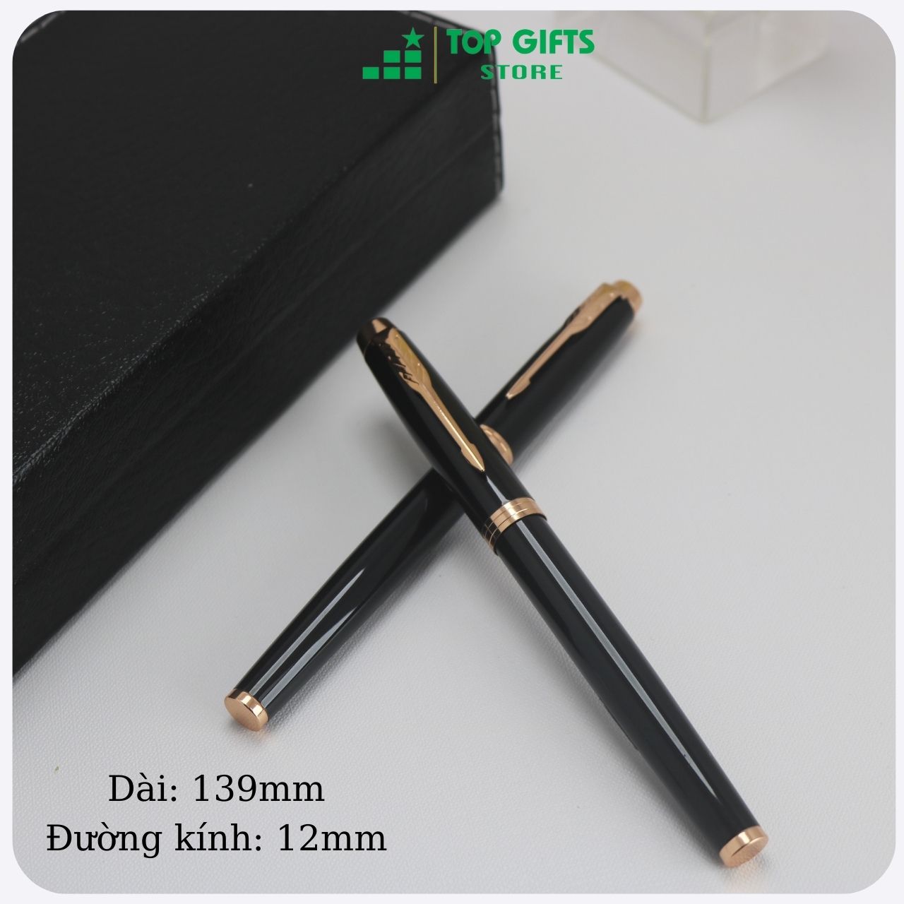 Bút ký kim loại nắp đen viền đồng IMD019 ngòi 0.5mm| Quà tặng sinh nhật bạn bè, người thân + Ruột bút + Hộp đựng bút