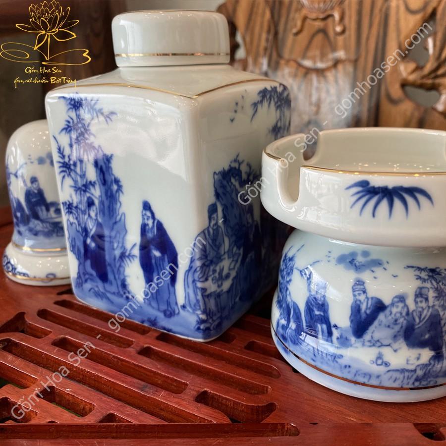 Phụ kiện lọ trà , gạt tàn , ống tăm sứ Bát Tràng cảnh trúc lâm thất hiền viền vàng 24k
