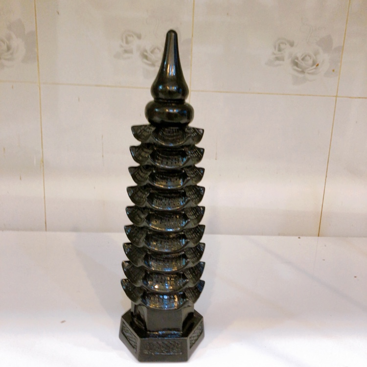 Tháp văn xương đen 9 tầng đá tự nhiên canxite cao 35 cm đường kính 11cm