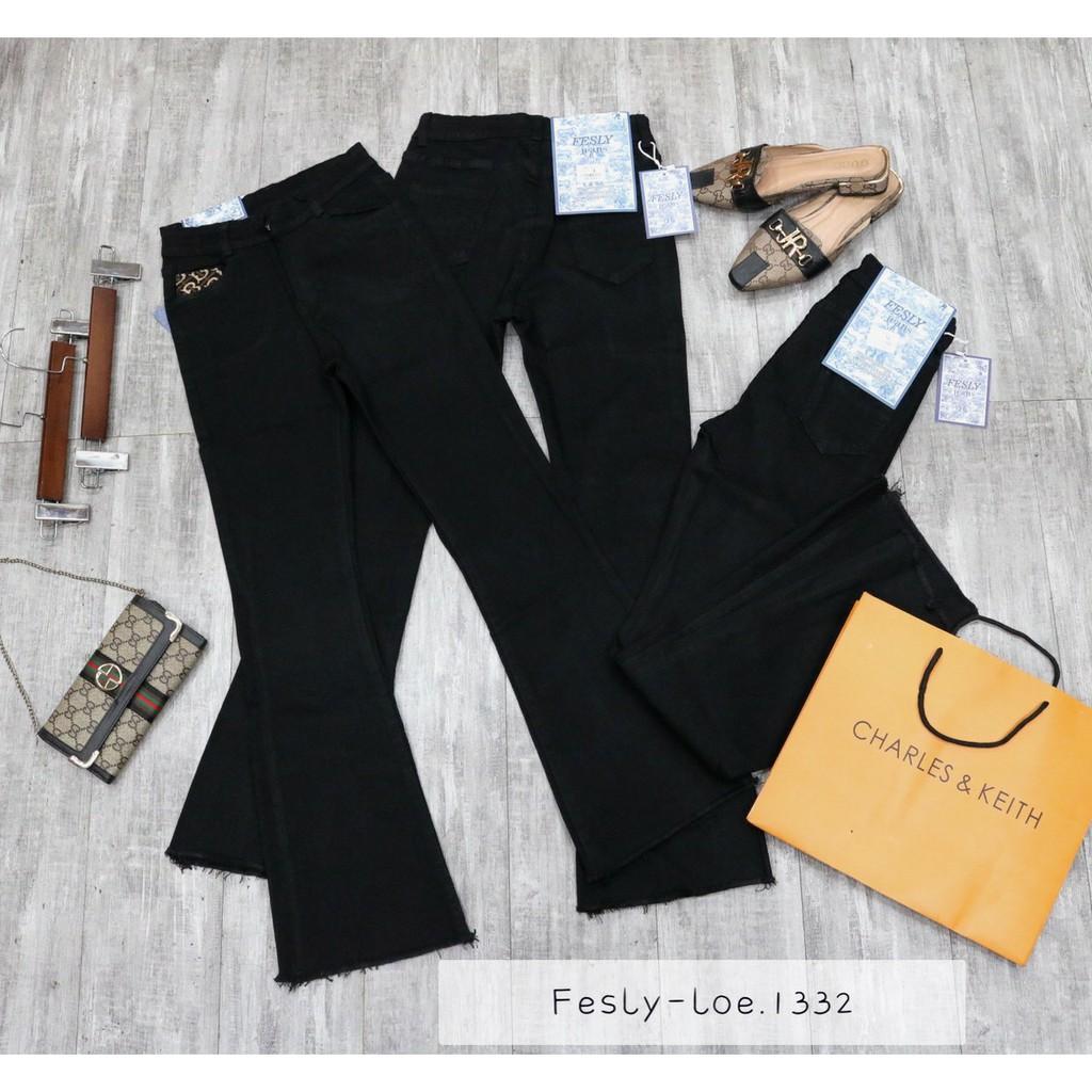 Quần Jeans Nữ Ống Loe Đen Trơn Tua Gấu