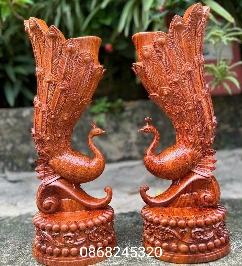 Cặp lọ chim công cắm hoa bằng gỗ hương đá kt cao 40×18×16cm