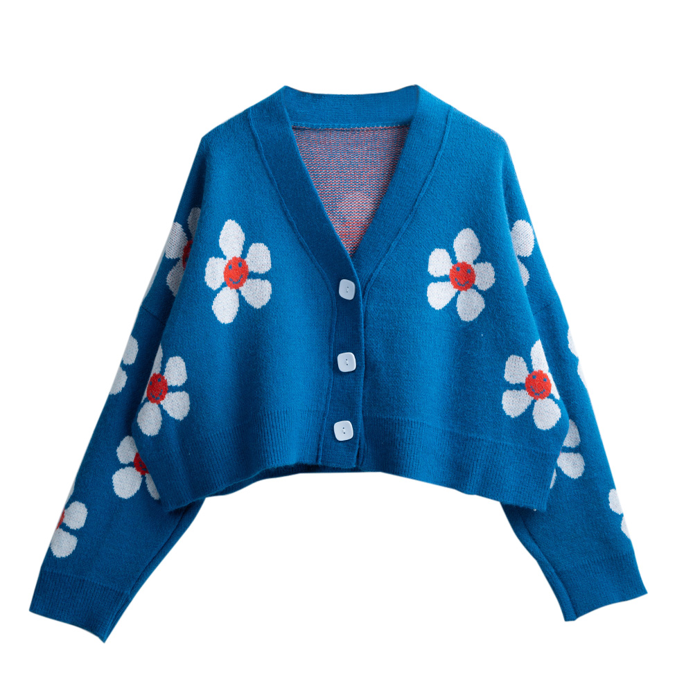 Short Cardigan for Women Flower Knit Sweater V Neck Button Long Sleeve Loose Coat Casual