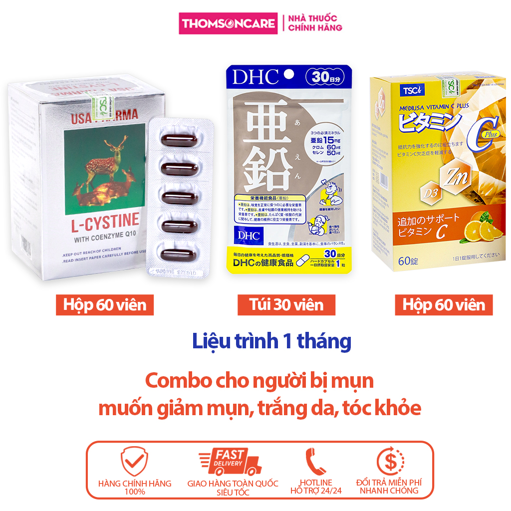 Combo viên uống chăm sóc da mụn toàn diện, trăng sáng da Lcystine 60v, DHC Kẽm 30v, Vitamin C có Kẽm 60v - Giúp bổ sung dưỡng chất da và tóc, bổ sung Vitaminin C, kẽm và tăng đề kháng cơ thể