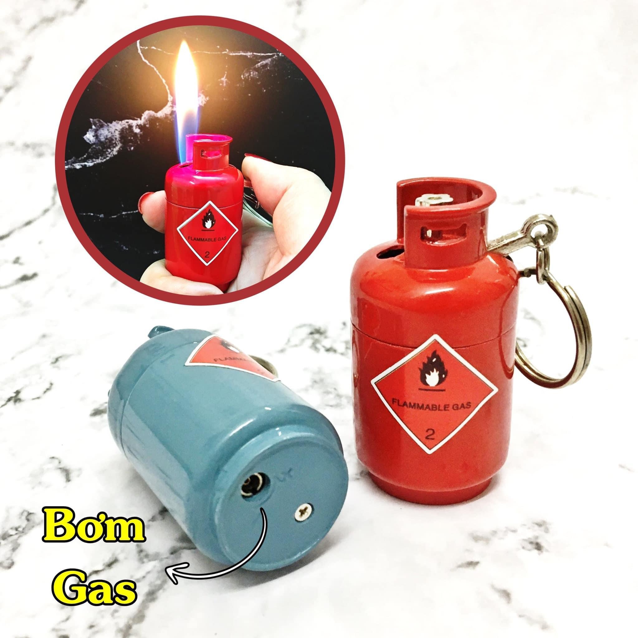 Hột quẹt bật lửa móc khóa hình bình gas kim loại - xài gas