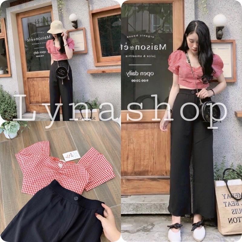 sét đồ nữBộ Quần Culottes Áo Croptop Kẻ Đỏ  Set Nữ Quần Dài Áo Ngắn Cộc Tay  set quần áo xinh mặc lên cực sang chảnhh