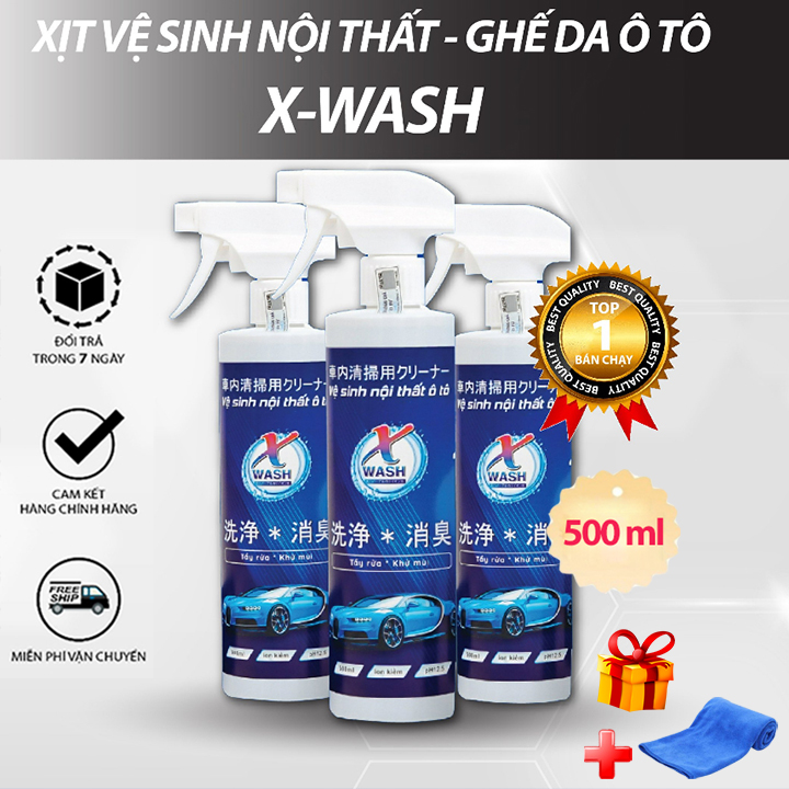 [Kèm Khăn Lau] Chai Xịt Vệ Sinh Kính Và Nội Thất Ô Tô XWASH 500ml, Làm Sạch Khử Mùi Kính, Sofa Nội Thất Xe Hơi