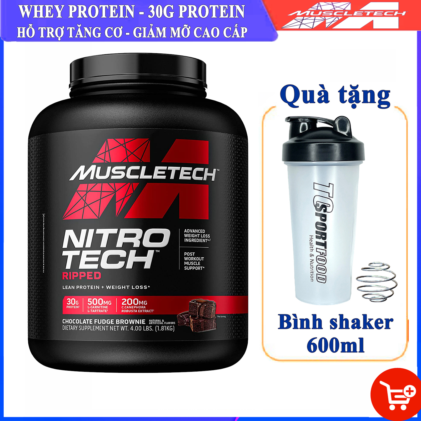 Combo Sữa tăng cơ giảm mỡ Whey Protein Nitro Tech Ripped của Muscle Tech hương Chocolate hộp 42 lần dùng hỗ trợ tăng cơ, giảm cân, đốt mỡ cực mạnh &amp; Bình lắc 600ml (Mẫu ngẫu nhiên)