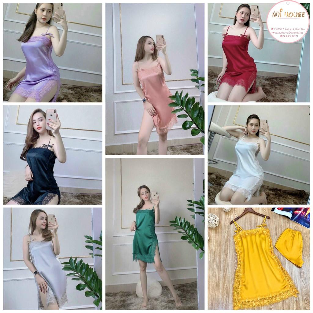  SET ĐẦM NGỦ LỤA 2 DÂY SEXY NHIHOUSE71 DÁNG SUÔNG PHỐI REN KÈM QUẦN FREESIZE DƯỚI 55KG