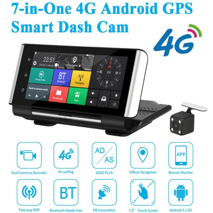 Camera hành trình đặt taplo ô tô nhãn hiệu tích hợp 4G, wifi, 7 inch, camera lùi, định vị GPS+BD K6