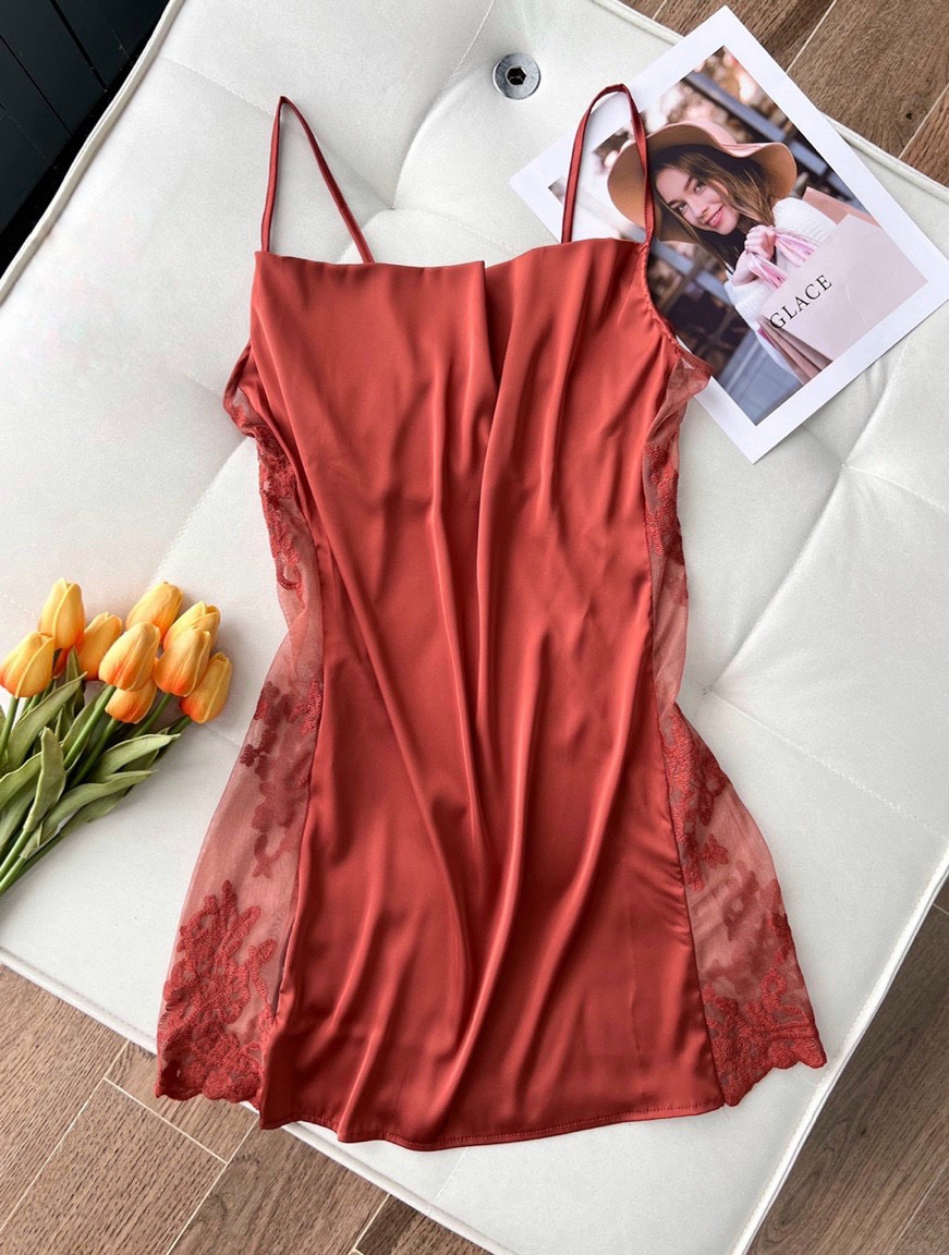 Váy Ngủ Lụa Phối Ren Hai Bên - B.Lingerie