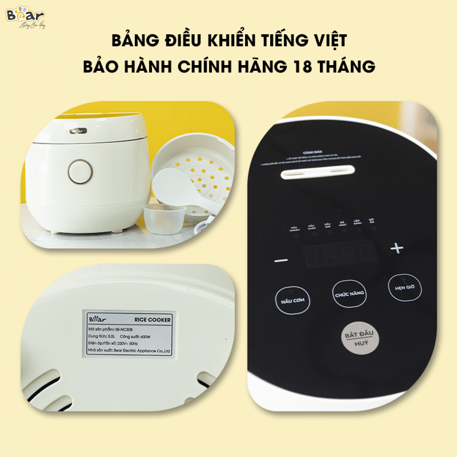 Nồi Cơm Cao Tần, Nồi Cơm Điện Thông Minh Đa Năng BEAR SB-NC30B Nấu Cơm Cực Ngon Dung Tích 3 Lít Công Suất 600 W - Hàng Chính Hãng