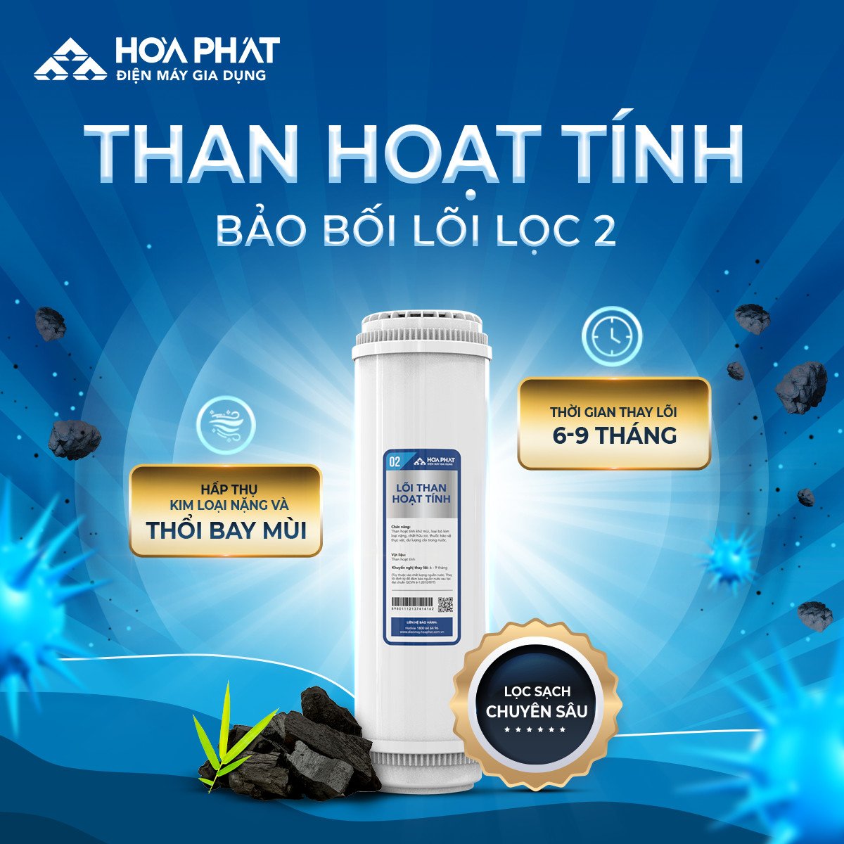 Combo 03 lõi lọc thô Hòa Phát xử lý nước phèn (Lõi 1 - Lõi 2 than hoạt tính - Lõi 3) - Hàng chính hãng