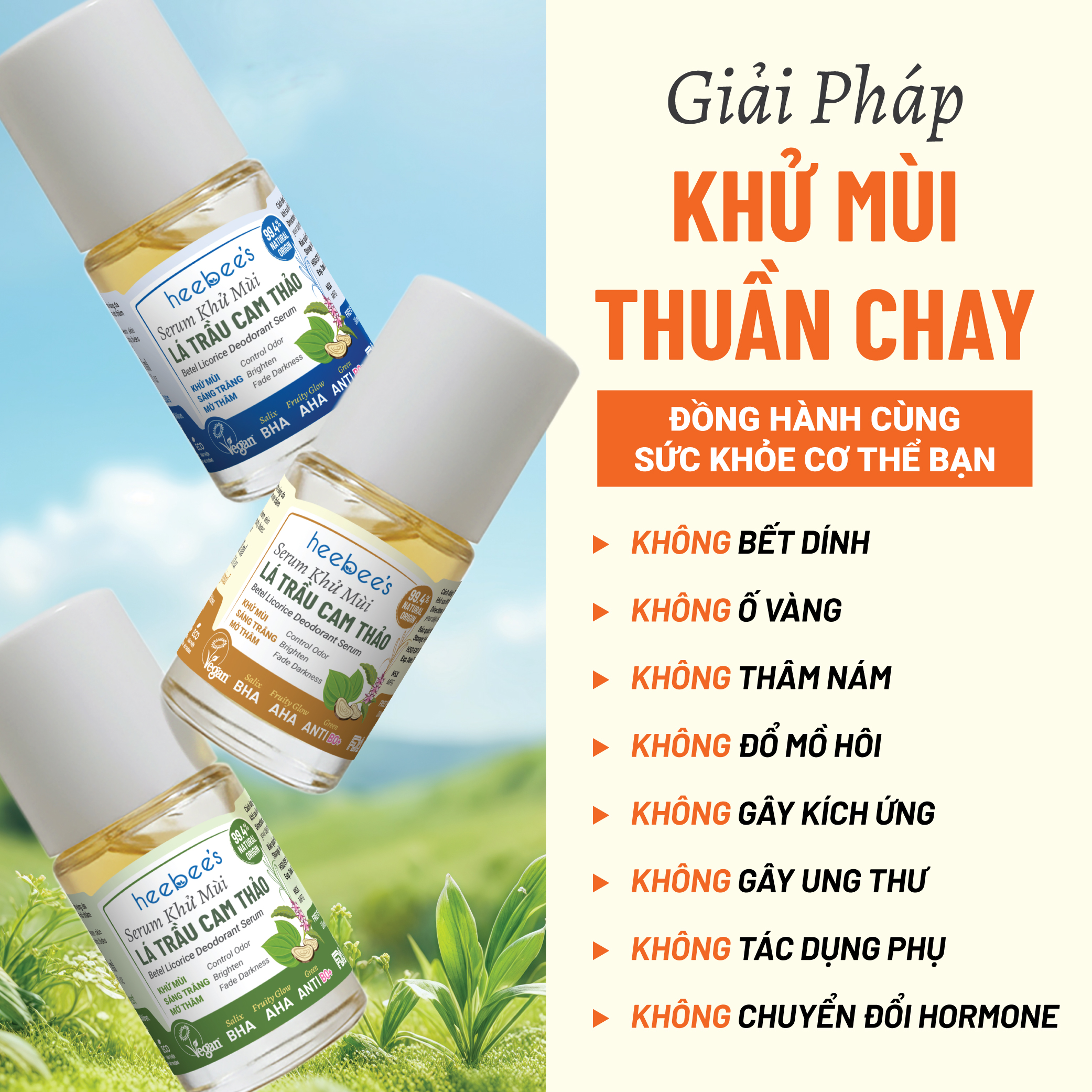 Serum Khử Mùi Thảo Dược Thuần Chay Lá Trầu Cam Thảo Heebee’s Lăn Khử Mùi, Sáng Mịn, Mờ Thâm, Ngăn Mùi 12H 30ml