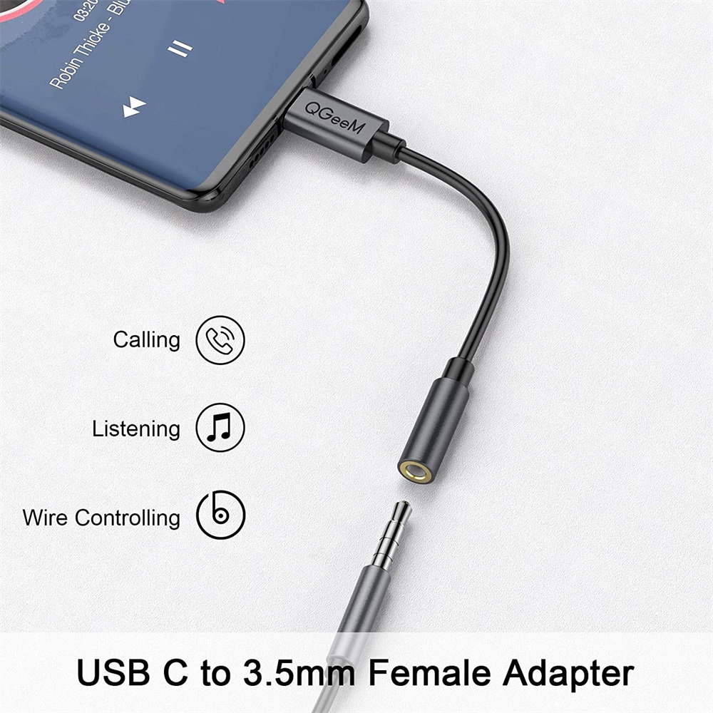 Cáp QGeeM chuyển đổi USB Type C sang 3.5mm Headphone jack, cáp USB C sang Aux Audio Dongle cho Samsung Galaxy S20, iPad Pro.v.v-Hàng chính hãng