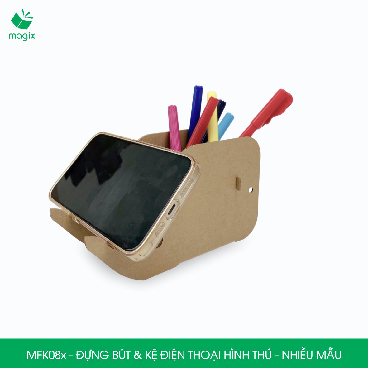 MFK08.CB01 - Combo 4 hộp đựng bút & kệ điện thoại lắp ghép giấy carton hình thú - con voi, nhím, khủng long, cá voi